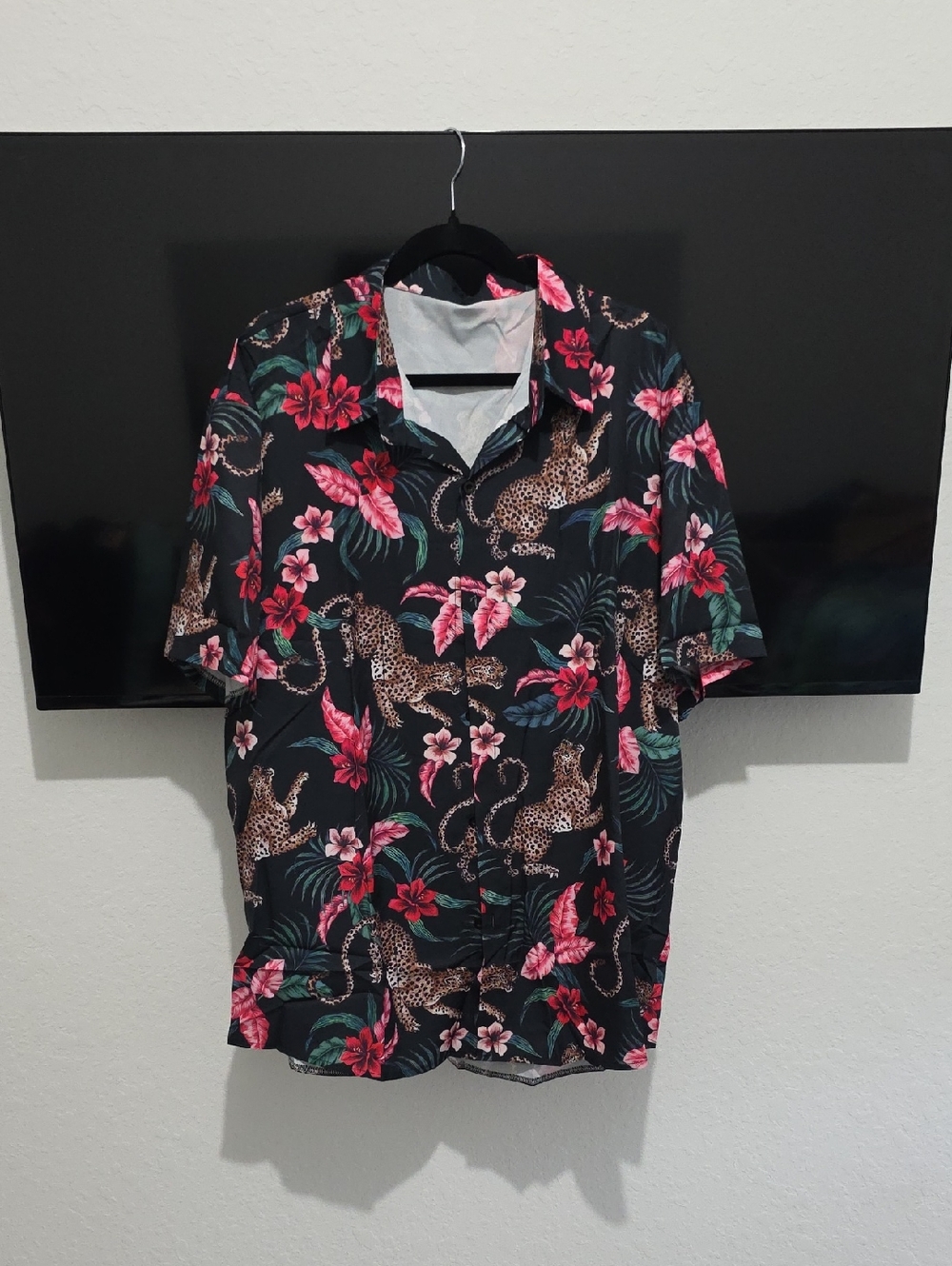 Men's Black Tropical Button-Down Shirt with Pink Floral and Leopard Print
